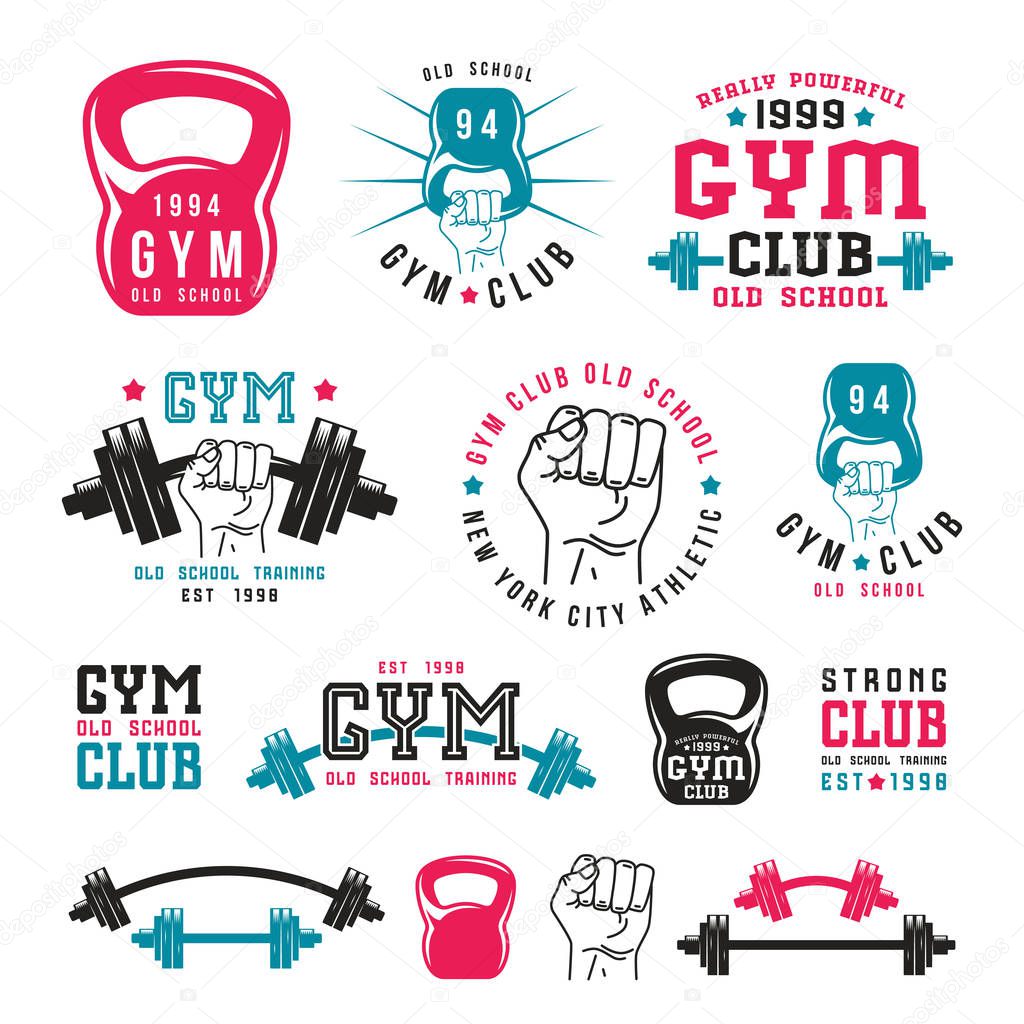 Stock vector illustration of gym club emblems and design elements. Color print on white background