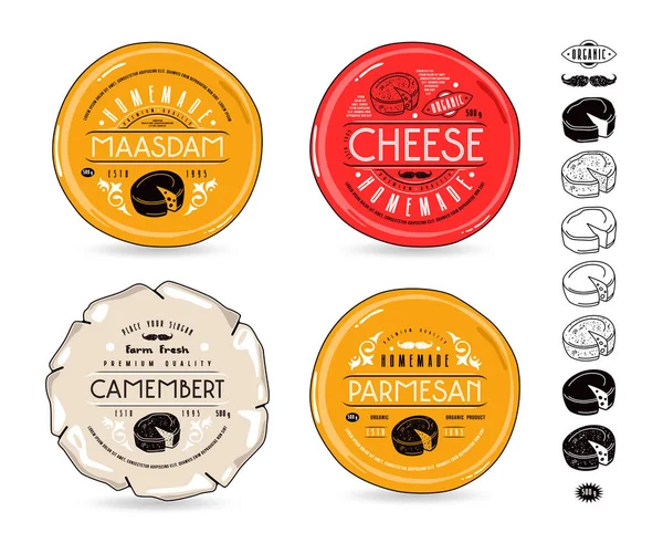 Set of template labels for cheese and icons — Stock Vector