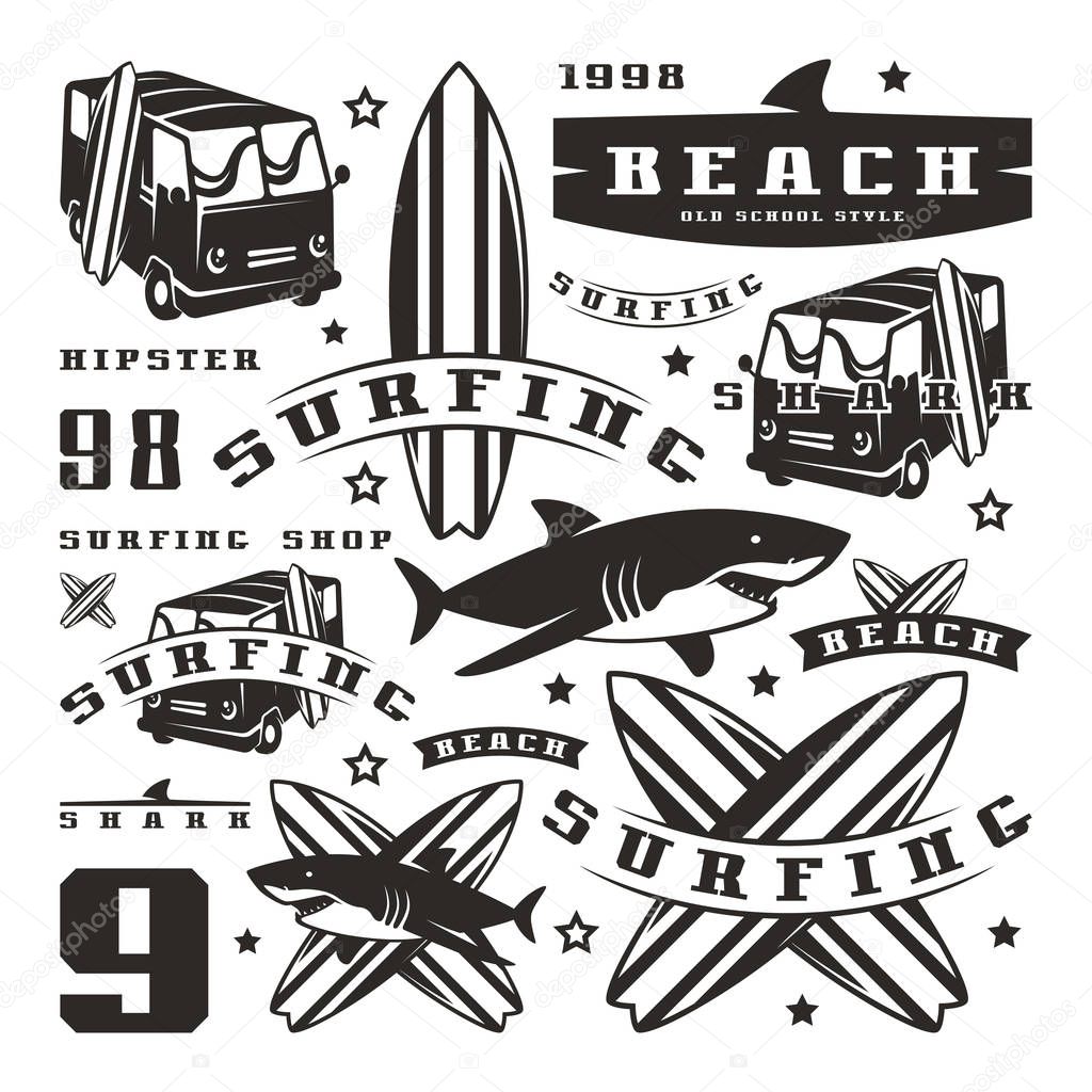 Set of graphic elements. Bus, surfing, shark. Graphic design for t-shirt and vinyl sticker