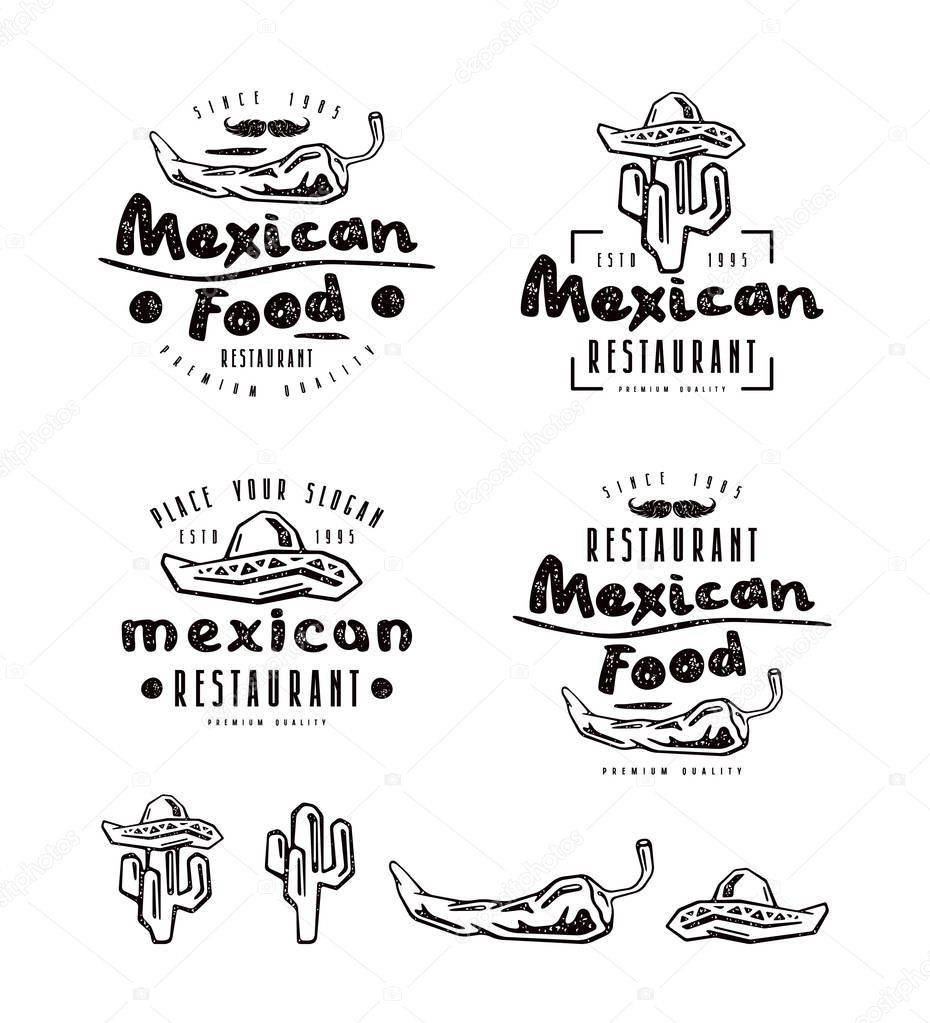 Mexican food labels, badges and design elements. Hot peppers, sombrero and cactus drawings. Black print on white background