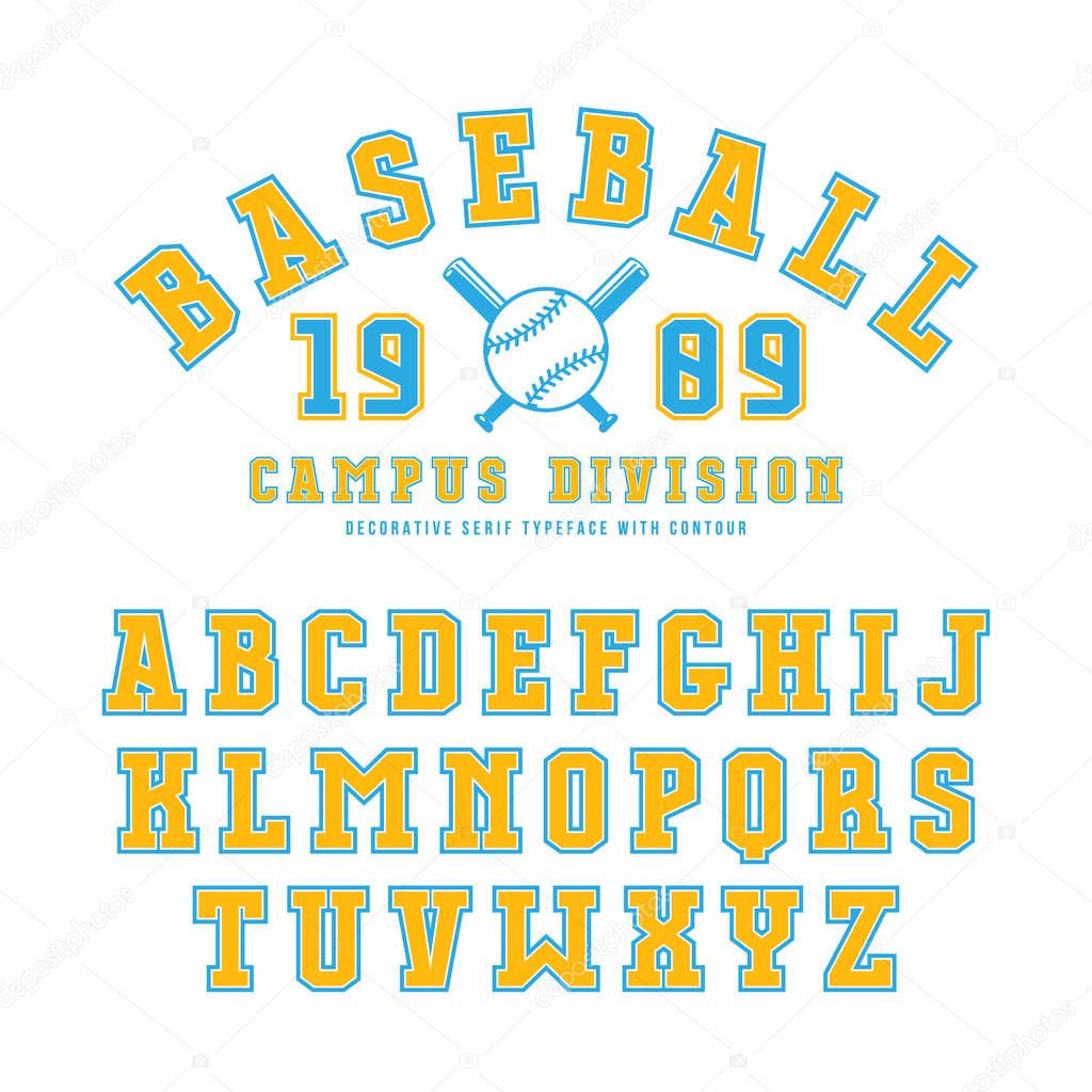 Serif font with contour. Graphic design for t-shirt, titles and logos. Color print on white background