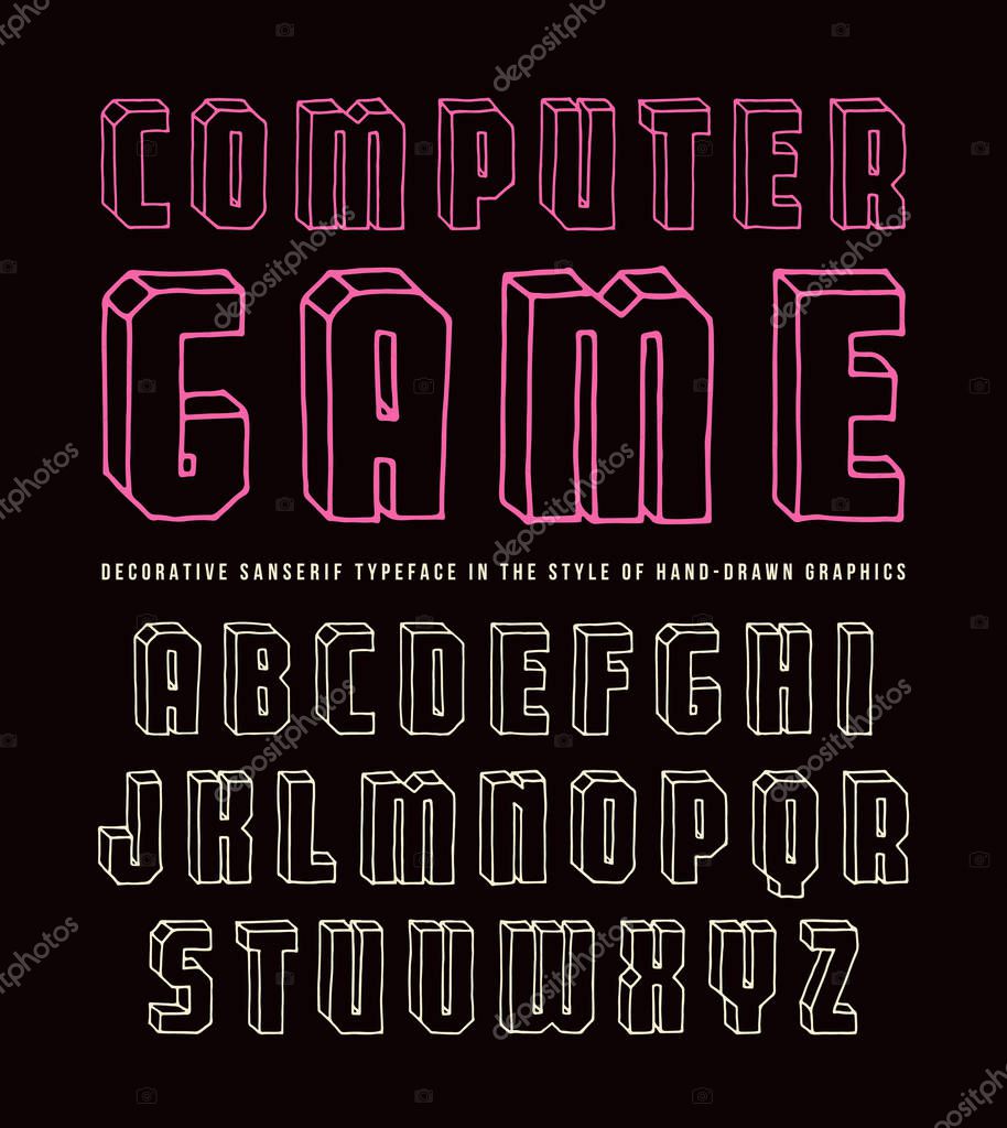 Decorative sanserif bulk font. Typeface in the style of hand-drawn contour graphics. Color print on black background
