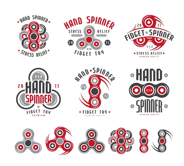 Conjunto de logotipo, emblemas e iconos del hilandero de la mano — Vector de stock