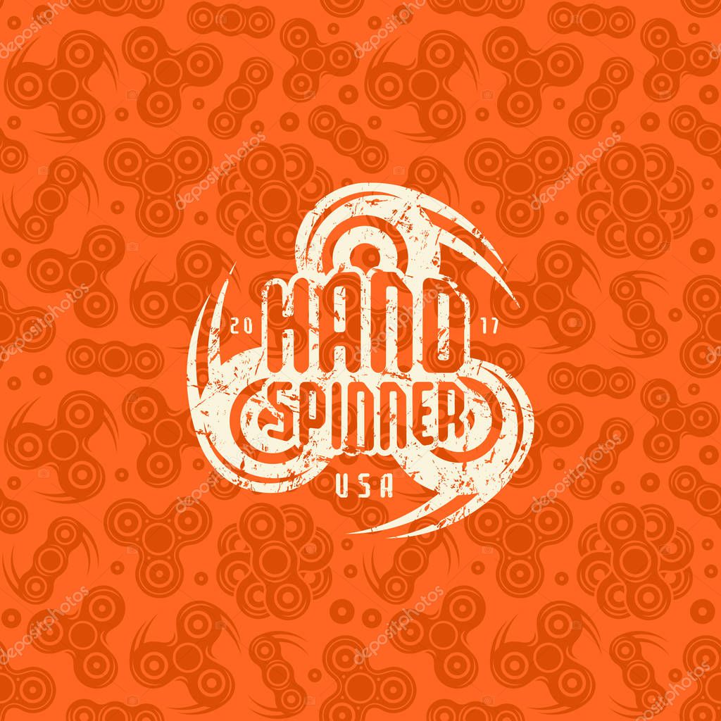 Seamless pattern and hand spinner emblem. White badge with shabby texture on orange pattern background
