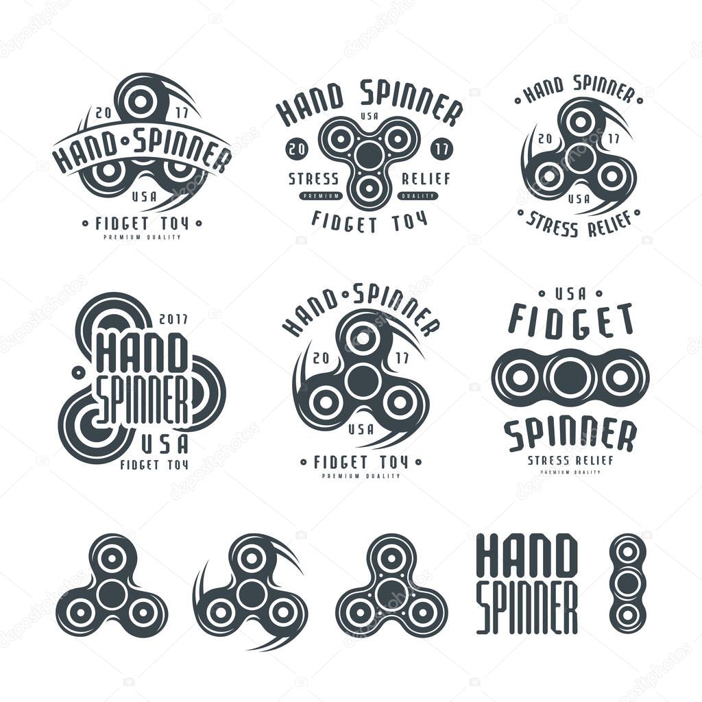Set of hand spinner logo, emblems and icons. Isolated on white background