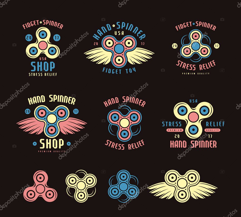 Set of hand spinner emblems and icons. Color print on black background