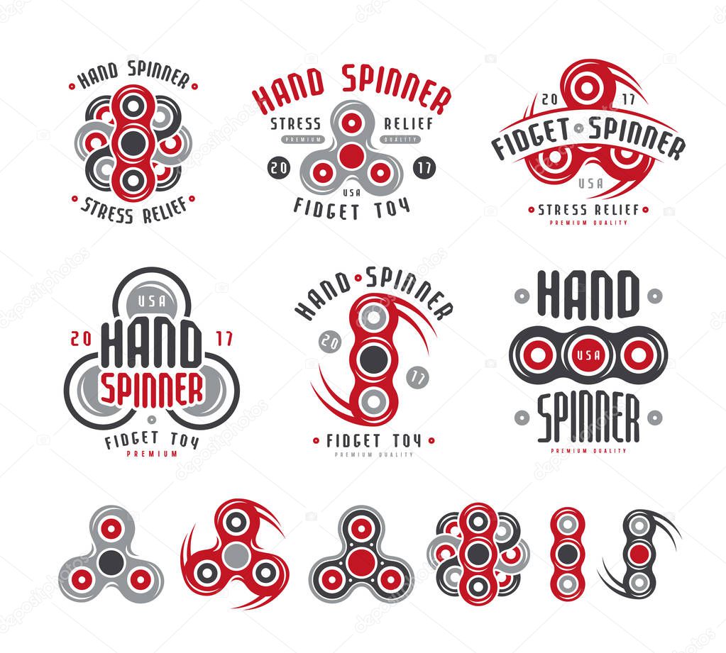 Set of hand spinner logo, emblems and icons. Color print on white background
