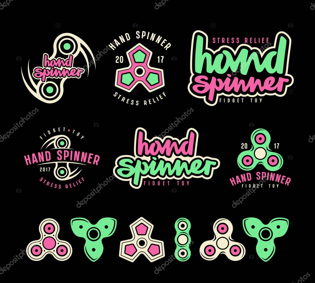 Set of hand spinner logo, emblems and icons. Design with handwritten title. Color print on black background
