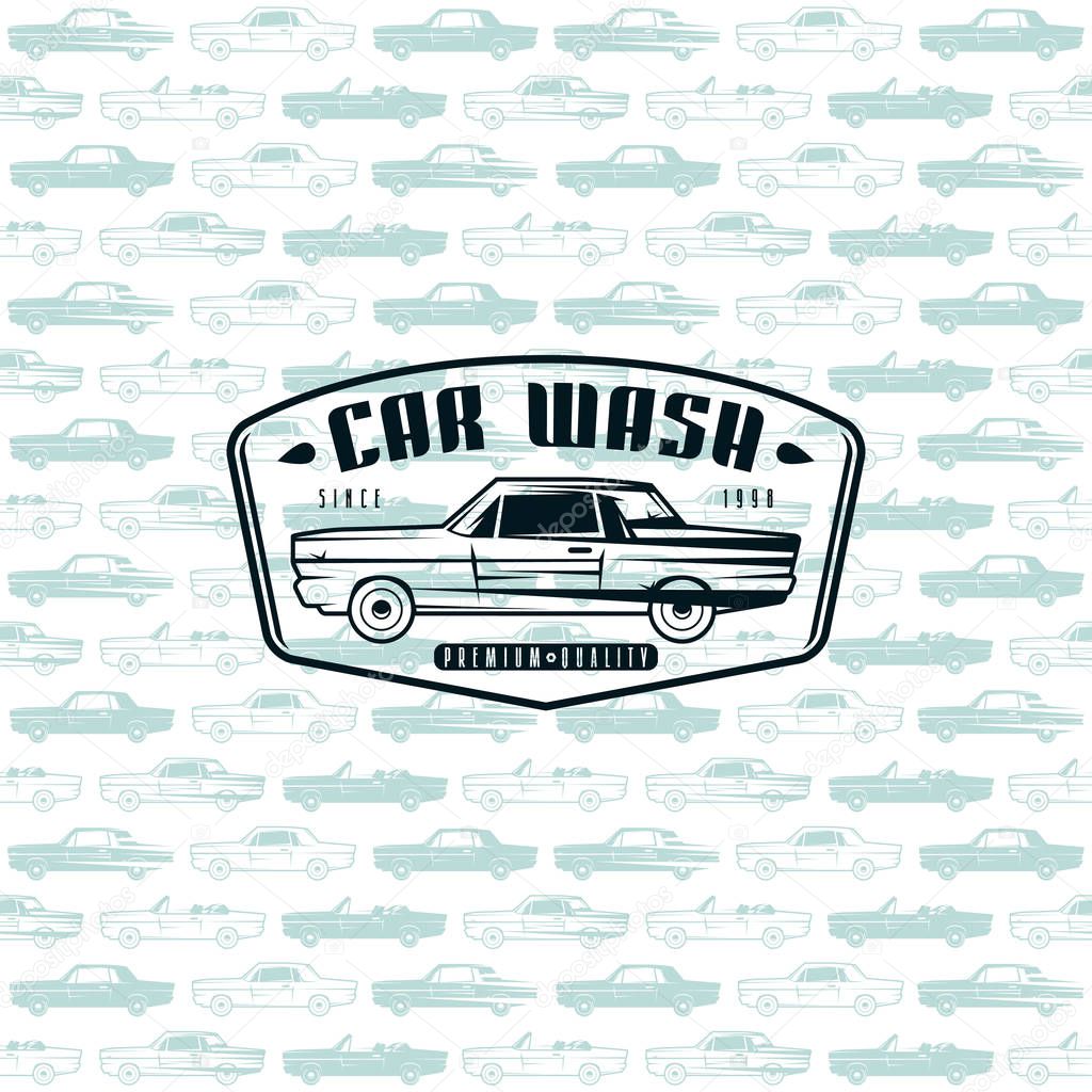 Seamless pattern with image of retro cars. Car wash label on light pattern background