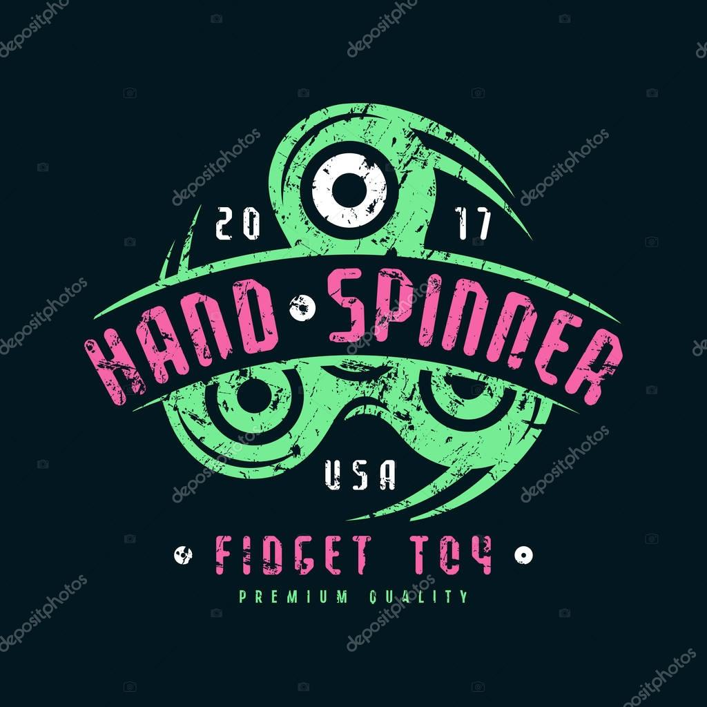 Hand spinner emblem. Graphic design for t-shirt. Color print on black background