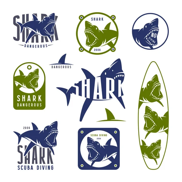 Tubarão emblemas perigosos — Vetor de Stock