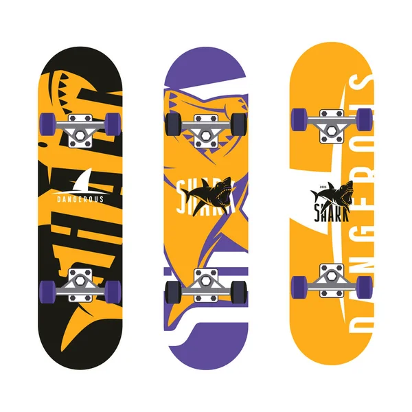 Grafikdesign für Skateboards mit dem Bild von Haien — Stockvektor