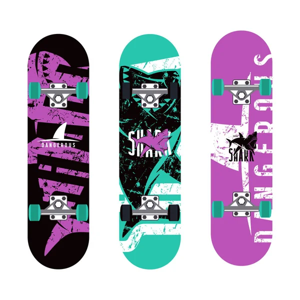 Disegno grafico skateboard con l'immagine degli squali — Vettoriale Stock