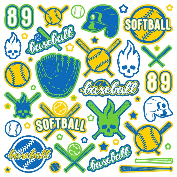 Juego de iconos e insignias de equipo de béisbol y softbol — Archivo Imágenes Vectoriales