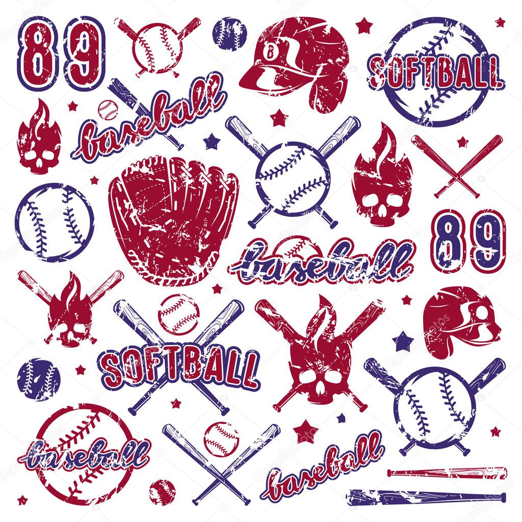 Icon and badge set of baseball and softball equipment. Graphic design with shabby texture. Color print on white background