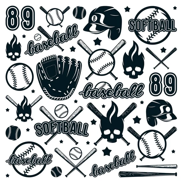 Ikonen och ikonen uppsättning baseball och softball utrustning — Stock vektor