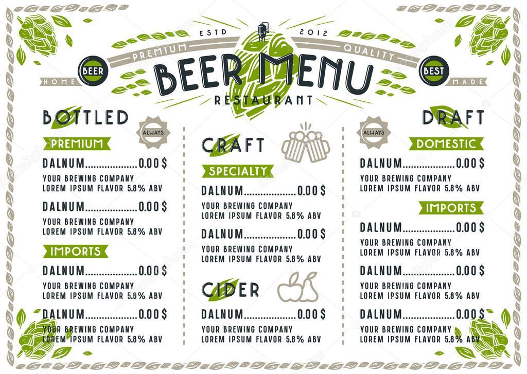 Beer menu for cafe and restaurant