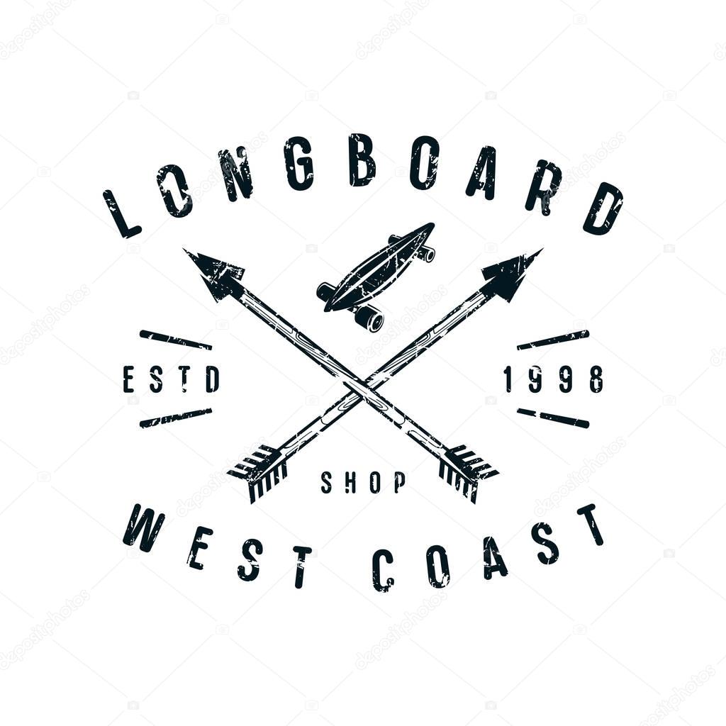 Emblem of longboard shop. Graphic design for t-shirt. Black print on white background
