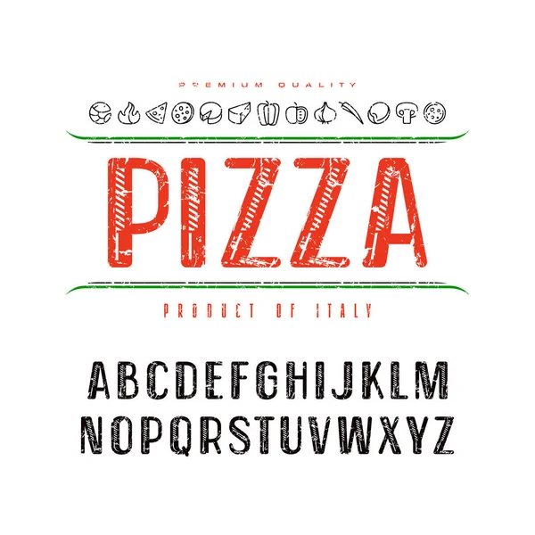 Caratteri decorativi sanserif e copertina scatola della pizza — Vettoriale Stock