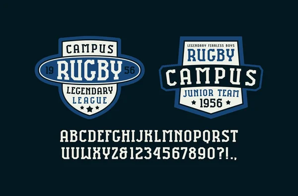 Serif font in the sport style and rugby badges for t-shirt — Stock Vector