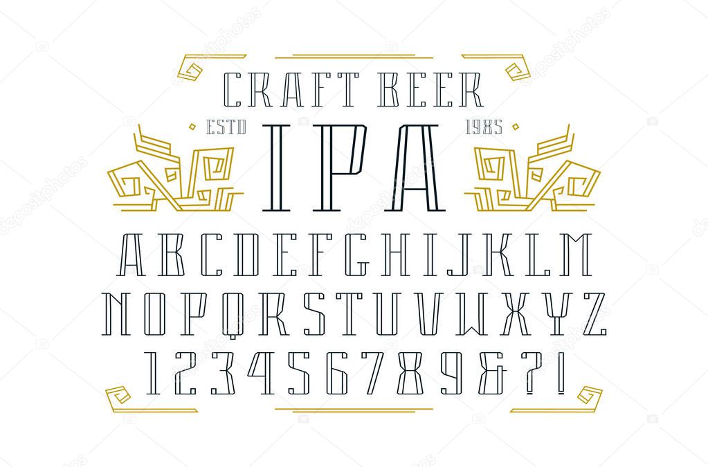 Hollow serif font and ornament. Letters and numbers design for logo, label and title. Print on white background