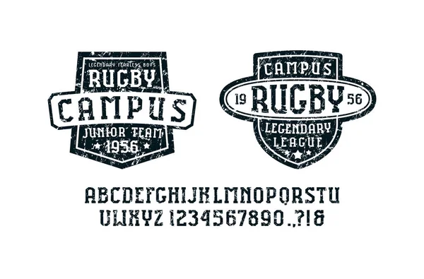 Serif-lettertype in de sport stijl en rugby badges voor t-shirt — Stockvector