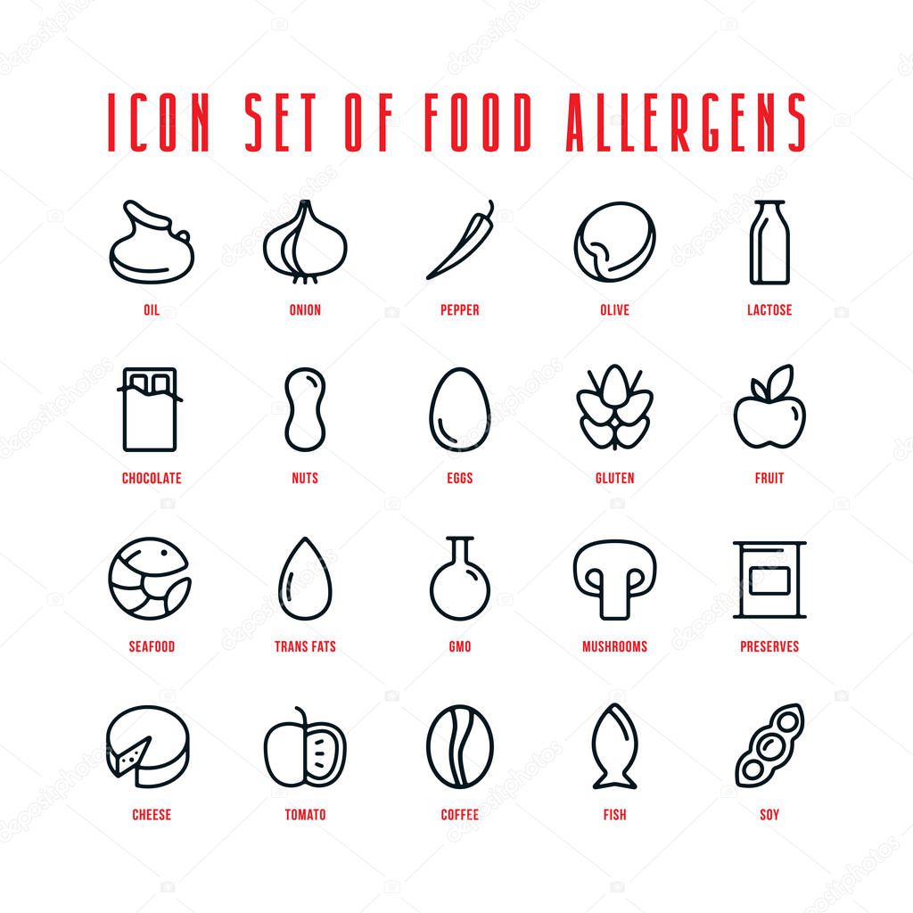 Food allergens icons set in thin line style
