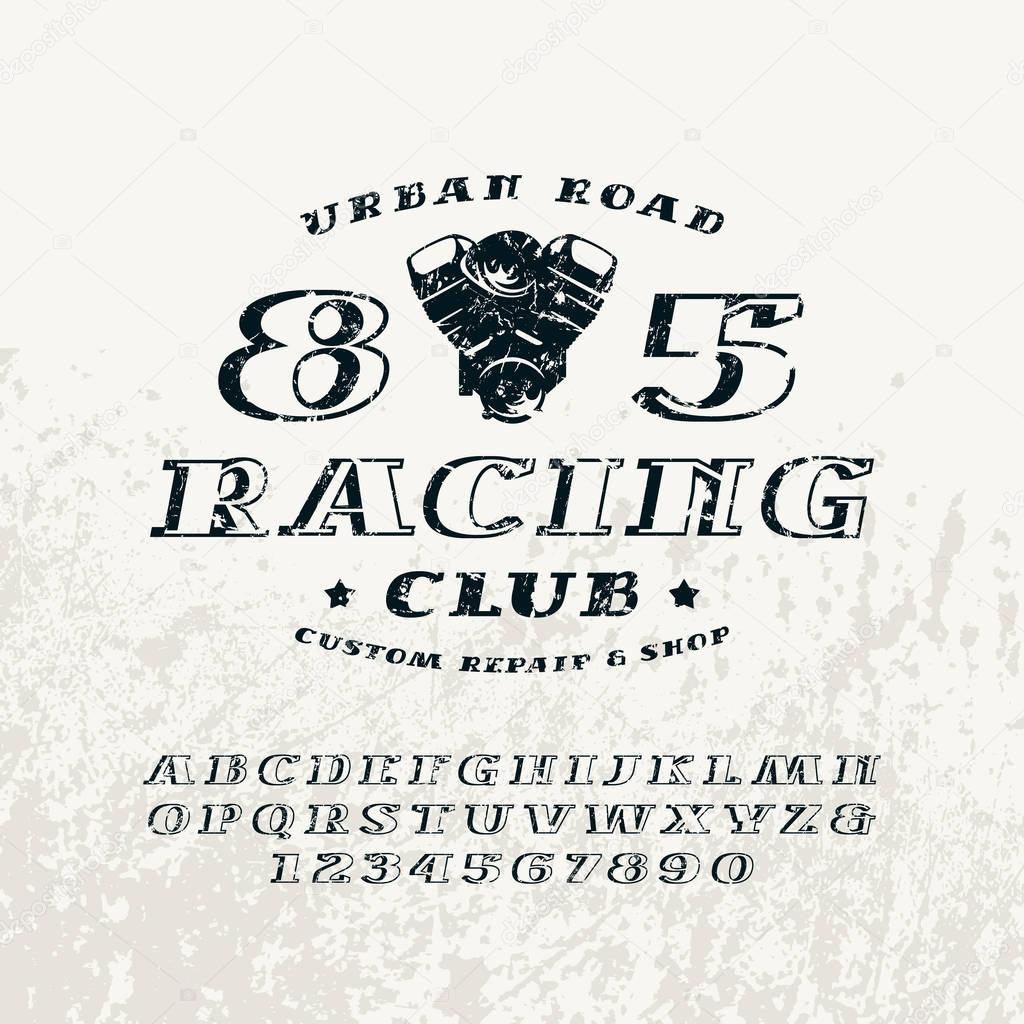 Bulk italic serif font and racing club emblem