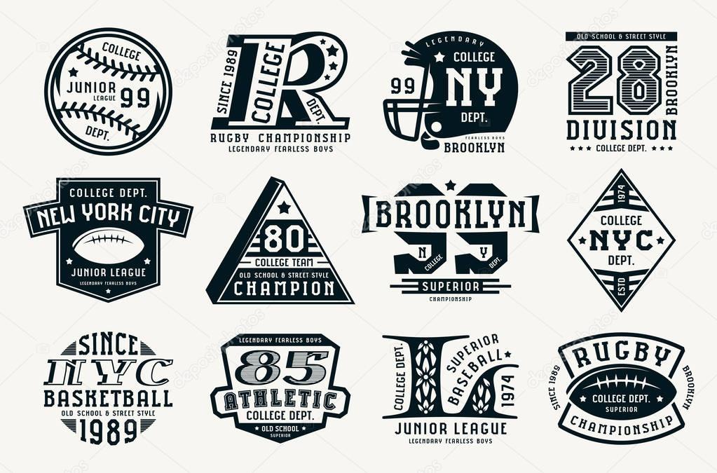 Set of emblems in sport style. Baseball, basketball and rugby themes. Graphic design for t-shirt. Black print on white background