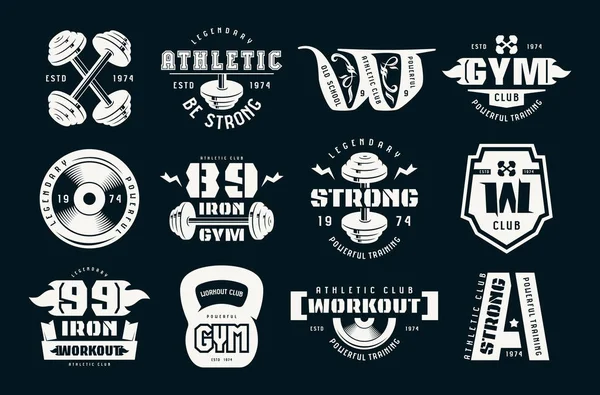 Sportschool club, fitness en workout badges en logo — Stockvector