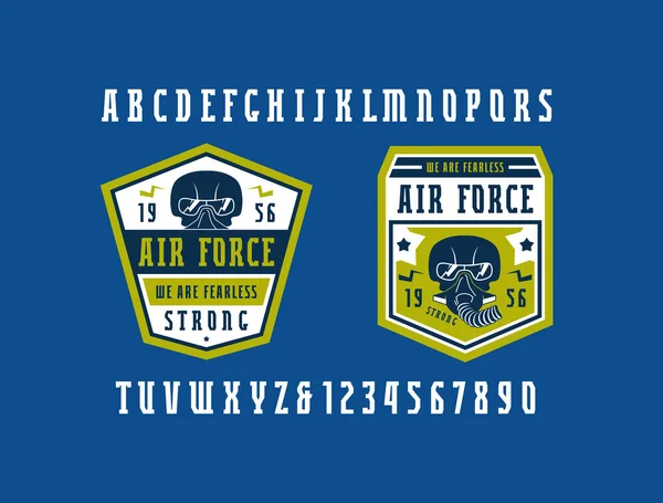 Smalle serif lettertype en luchtmacht emblemen — Stockvector