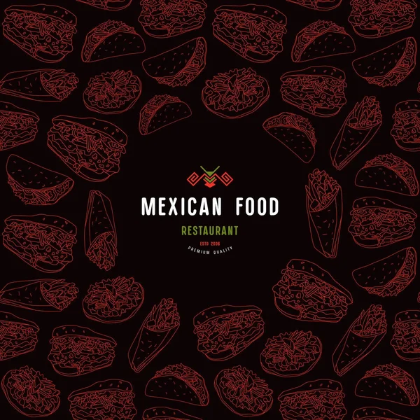 Etiqueta de restaurante mexicano y marco con patrón — Vector de stock