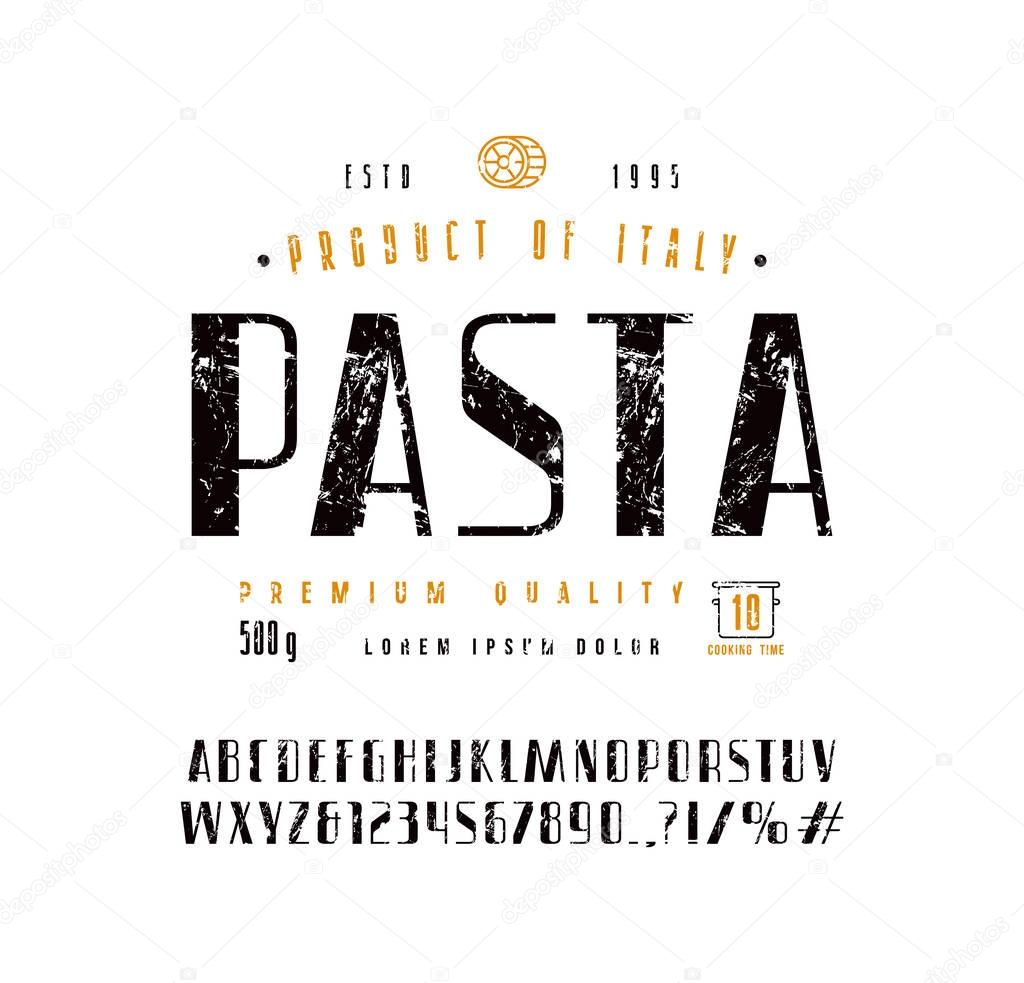 Sans serif font in retro style and pasta label