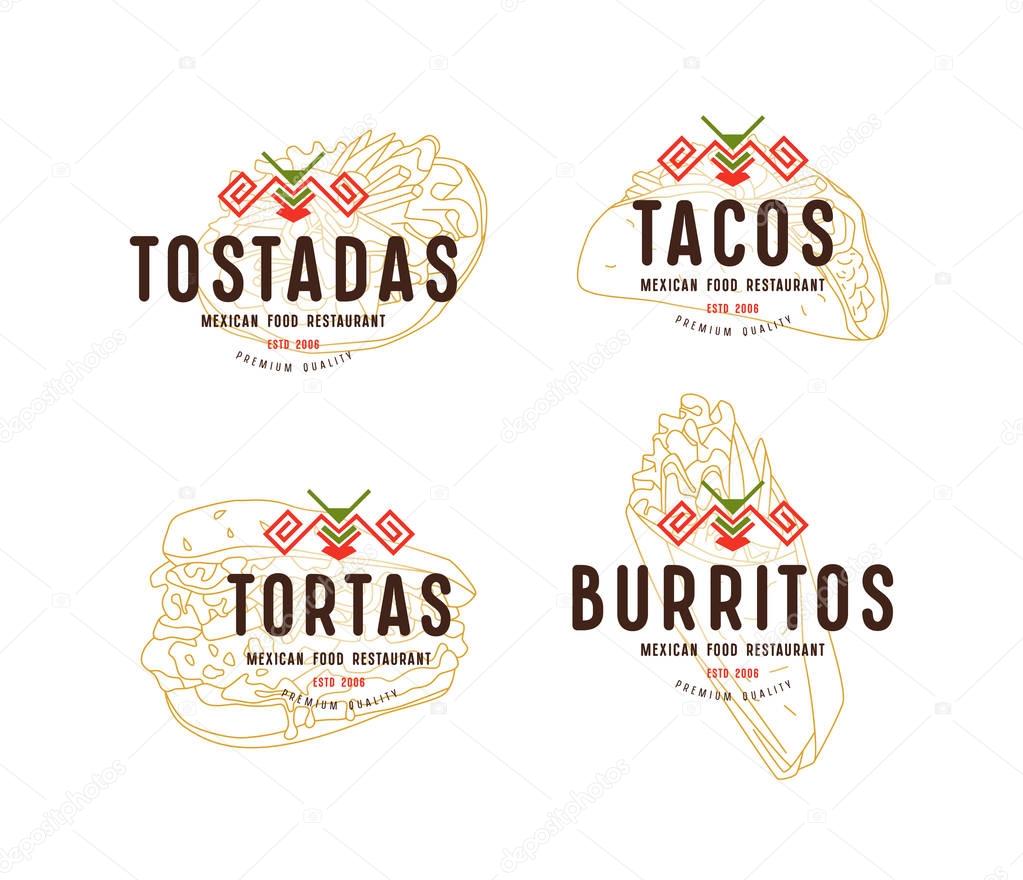 Set of label and logo design for mexican food restaurant. Design elements in thin line style. Color print on white background