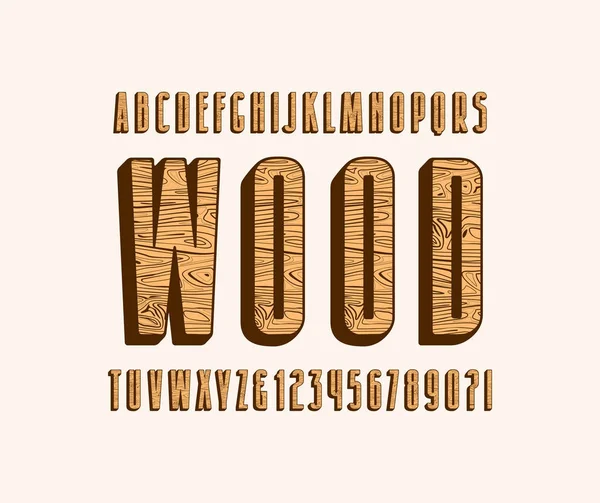 Decorative sans serif bulk font with wooden texture — Stock Vector
