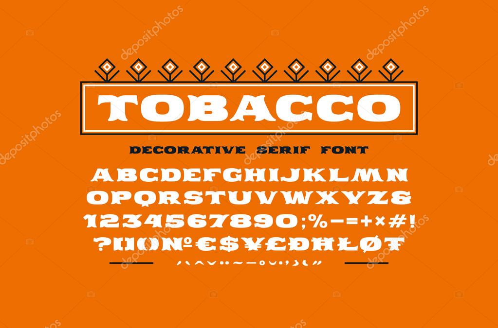 Decorative extended serif font. Bold face. Letters and numbers for logo and title design. Type with diacritic signs