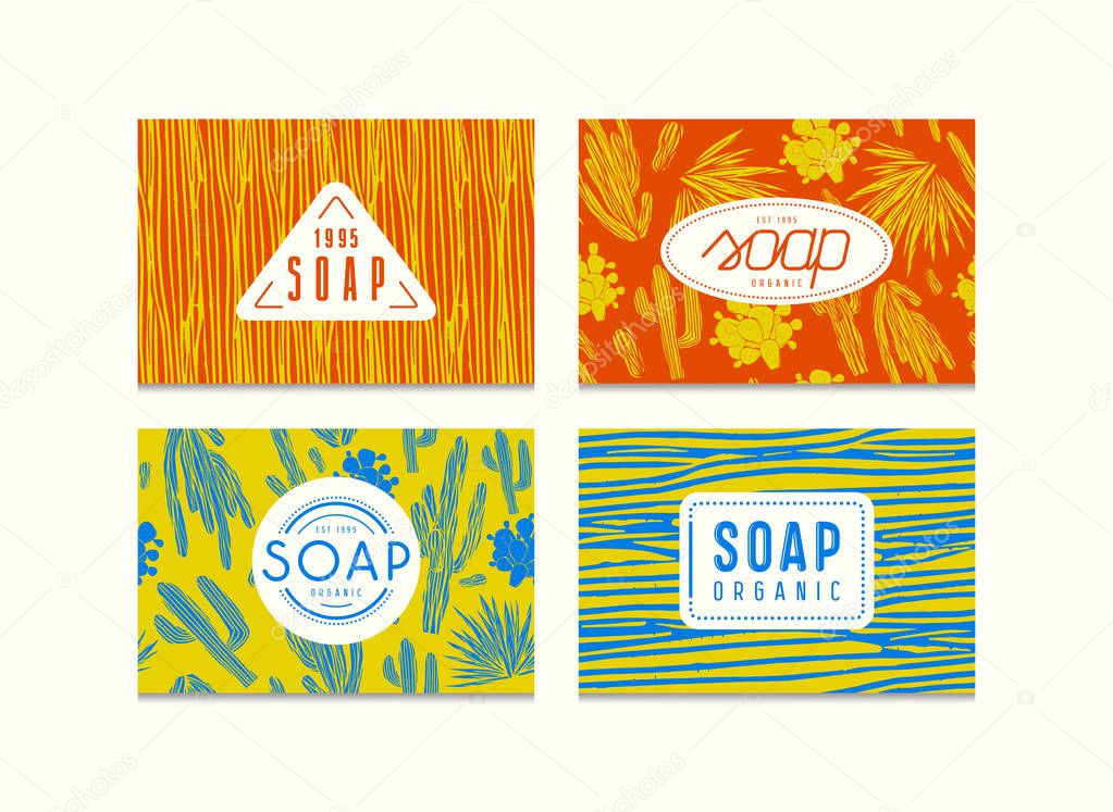 Set of seamless pattern and labels for organic soap packaging