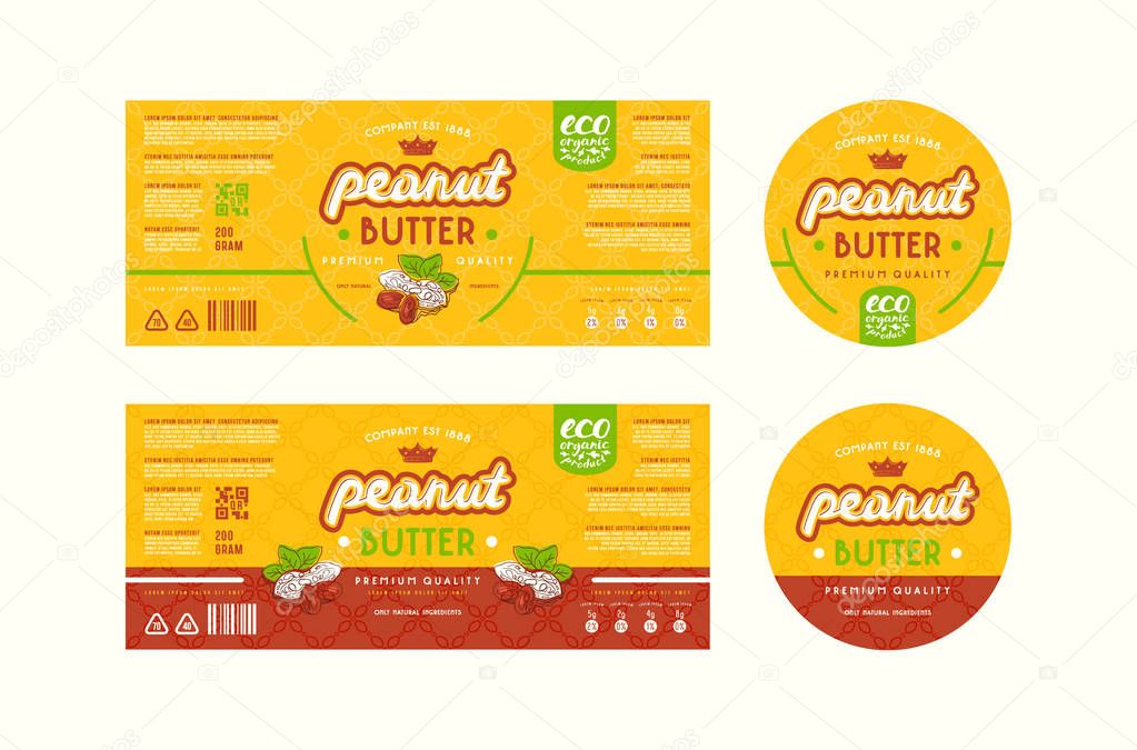 Set of templates label for peanut butter. Illustration with elements in handmade graphics and seamless pattern