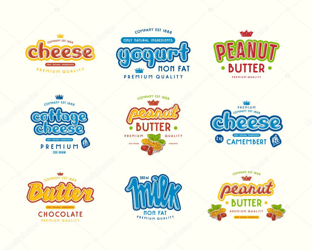 Set of typographic label for milk, yogurt, peanut butter and cheese. Graphic design with lettering. Color print on white background