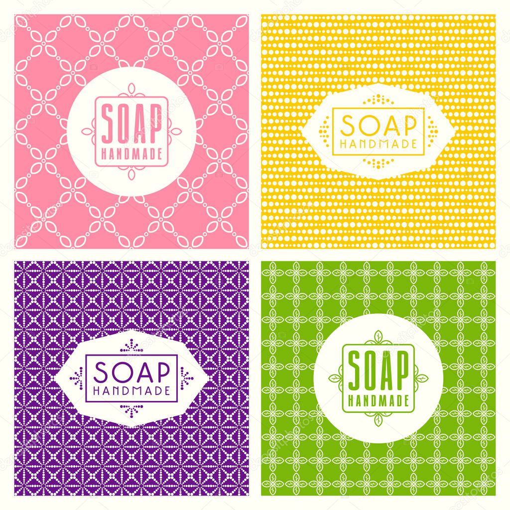 Set of seamless pattern and labels for handmade soap packaging