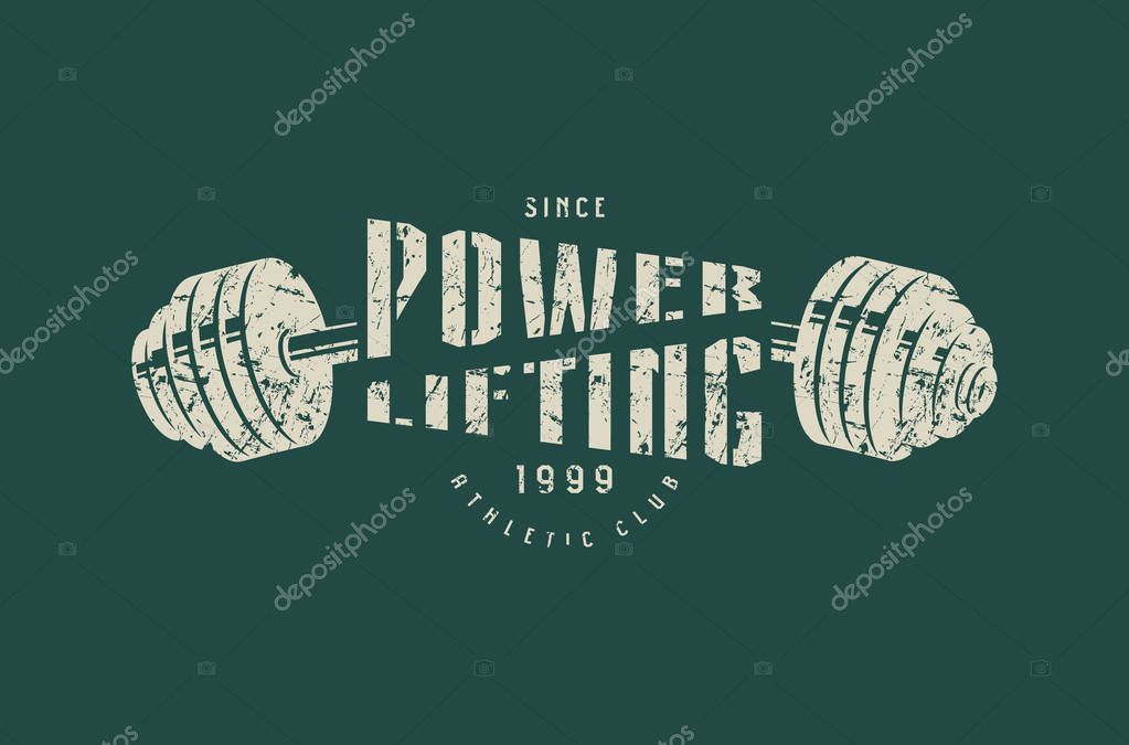 Emblem of the powerlifting club. Graphic design for t-shirt. Gray print on green background