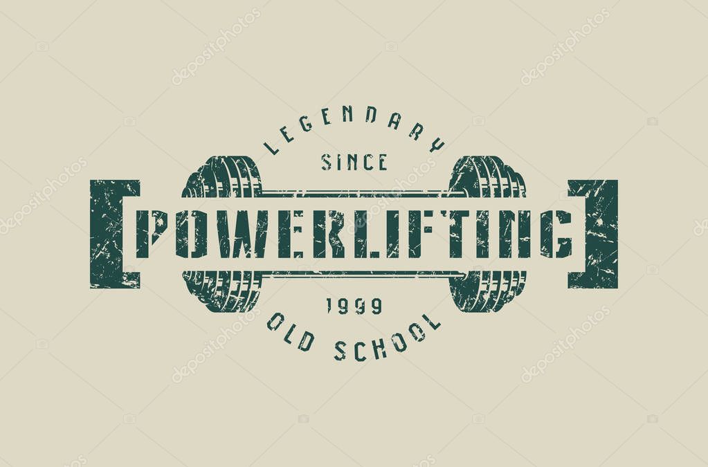 Emblem of the powerlifting club. Graphic design for t-shirt. Green print on gray background