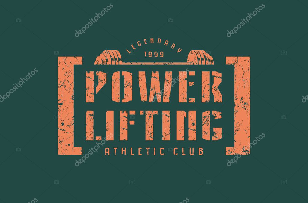 Emblem of the powerlifting club. Graphic design for t-shirt.  Orange print on green background