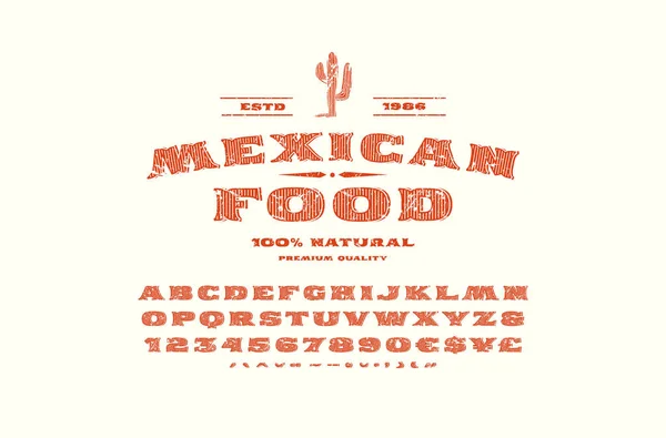 Decorative serif font and label template for mexican restaurant — Stock Vector