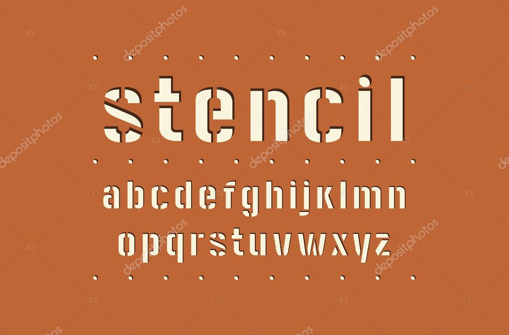 Decorative lowercase stencil-plate sans serif font. Bold face. Letters for logo and emblem design