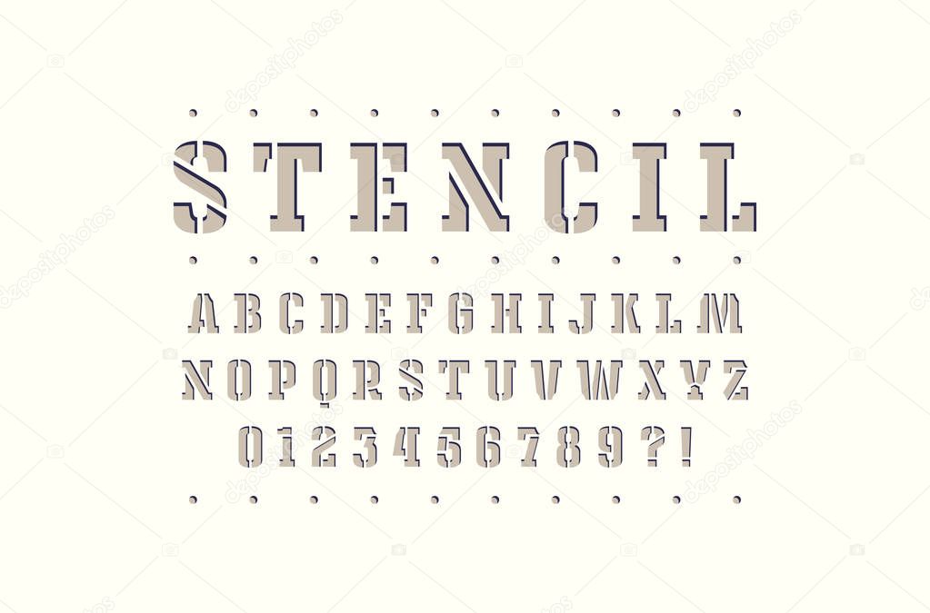 Decorative stencil-plate slab serif font. Bold face. Letters and numbers for logo and emblem design