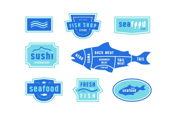 海鲜店的股票矢量鱼切割图和标签 — 图库矢量图片
