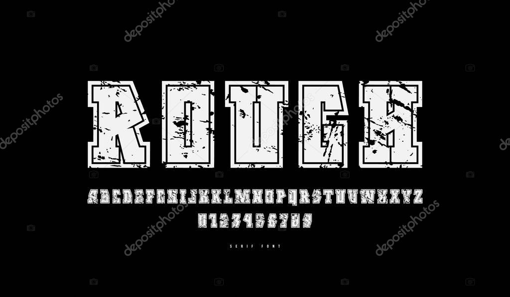 Decorative geometric serif font with contour. Letters and numbers with rough texture for logo and emblem design. White print on black background