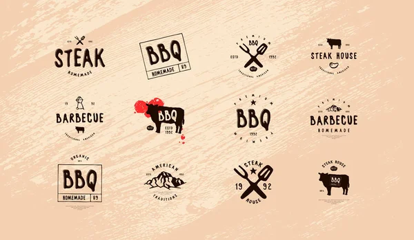 Set Etiqueta Barbacoa Emblema Diseño Estilo Dibujado Mano — Archivo Imágenes Vectoriales