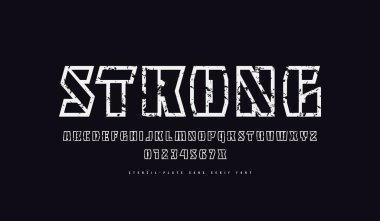 Oyuk şablon plakası serif yazı tipi olmadan. Harfler ve numaralar askeri ve spor logosu tasarımı için kaba dokulu. Siyah arkaplanda beyaz baskı